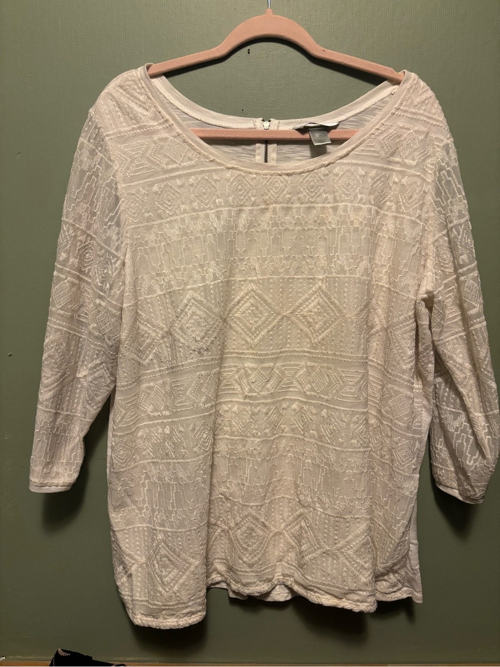CJ Banks Cream Textured Crochet-Style Long Sleeve Top